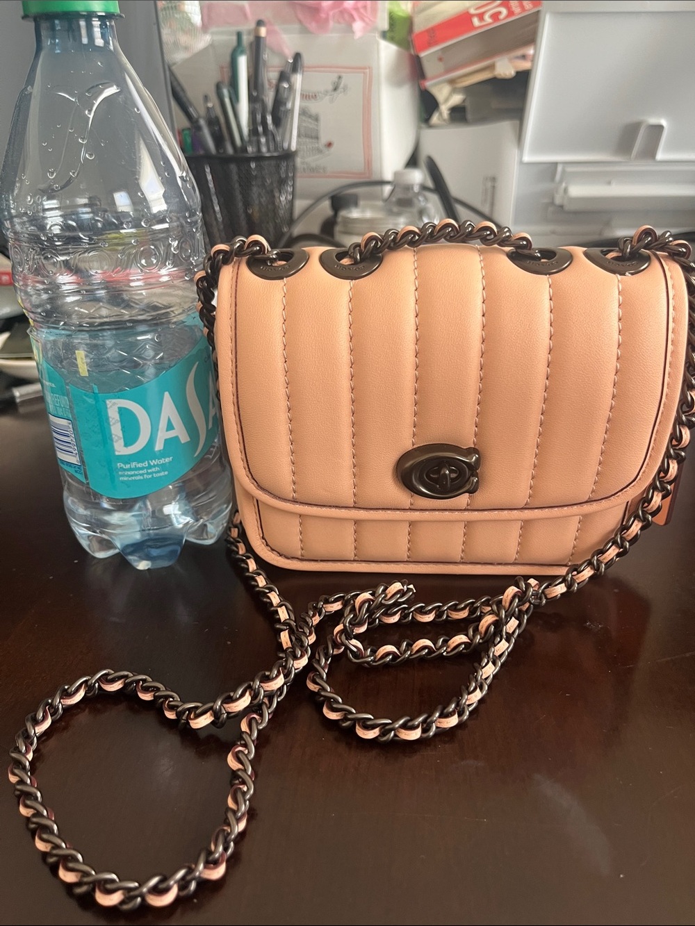 Coach Quilted Peach Crossbody with Chain Strap and Turn-Lock